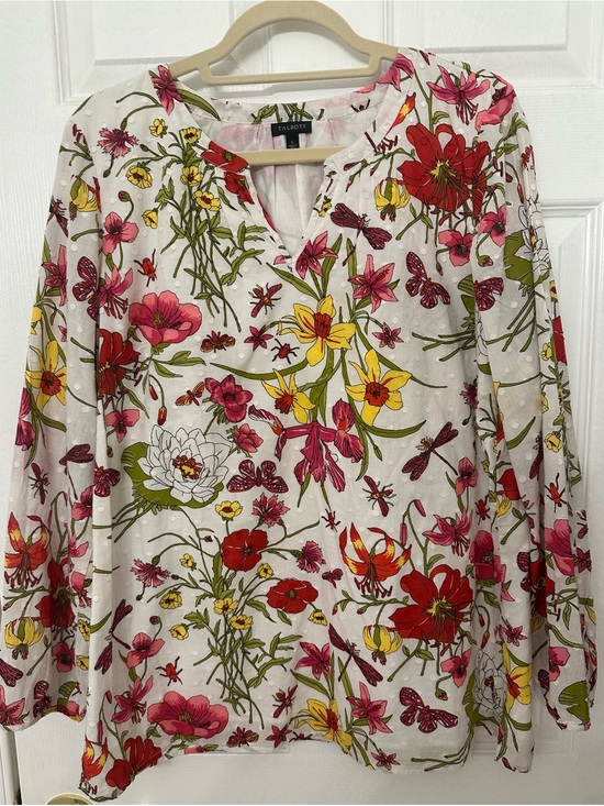 Talbots Tops - Talbots White Floral Split-Neck Tunic with Pink, Red & Yellow Blooms